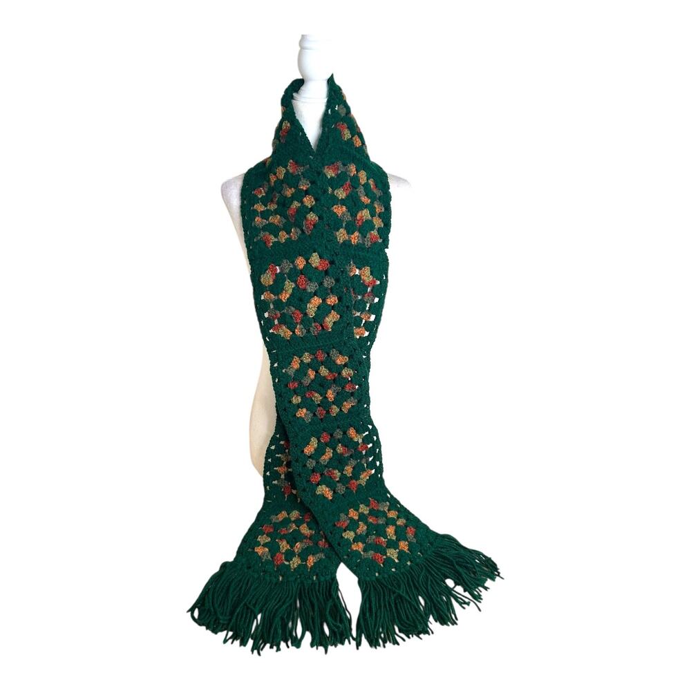 Vintage Crocheted Knit Granny Square Scarf with Fringe Green with Earth Tones